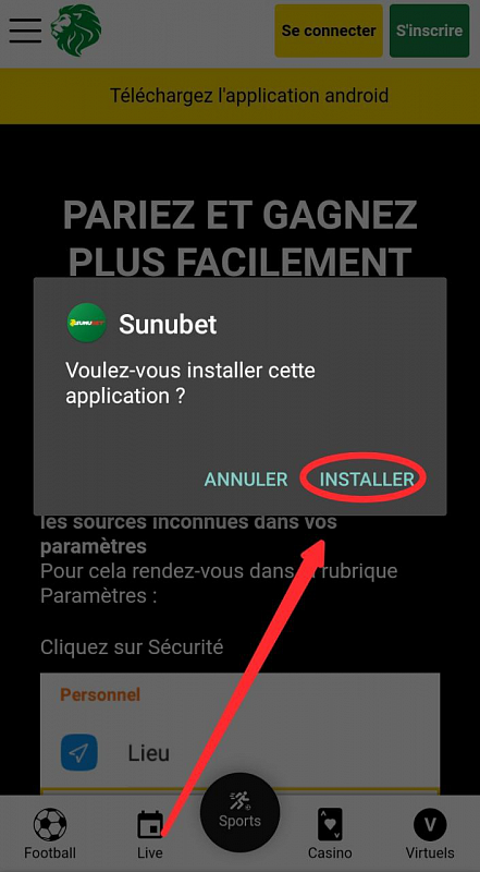 Image du téléchargement et d’installation de l’application Sunubet Sénégal 4