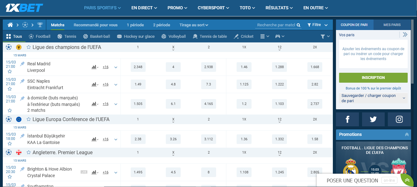 Paris en Direct et Streaming en Direct des Paris Sportifs de 1xBet