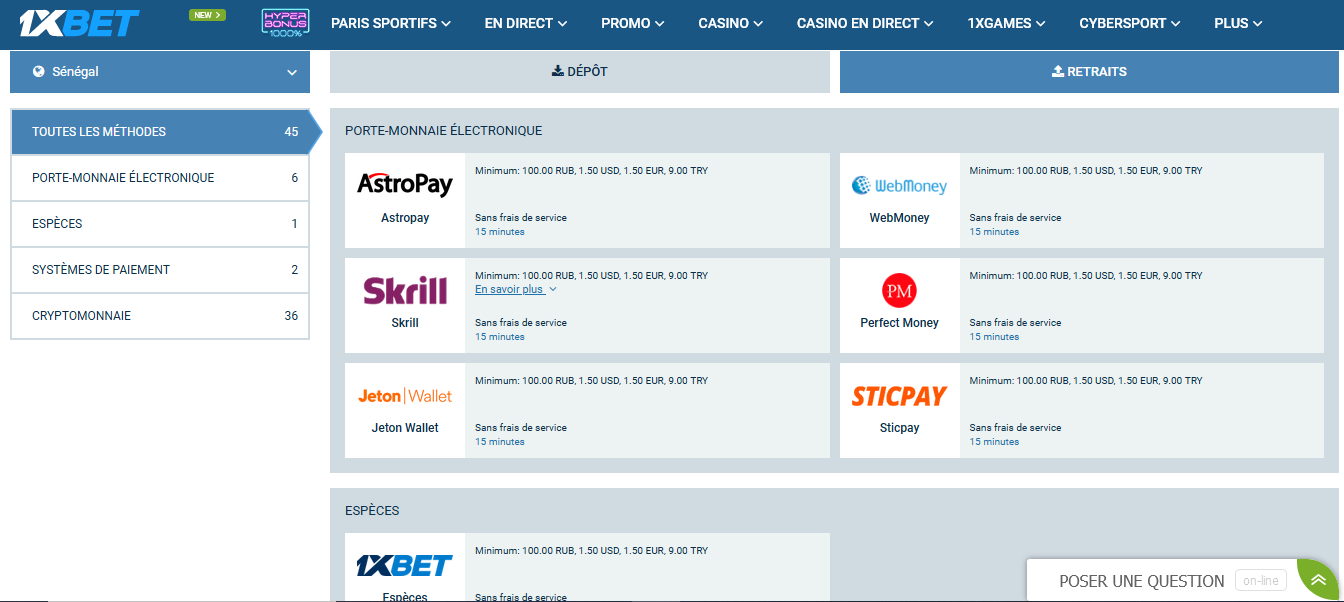 Image des retraits 1xBet Sénégal