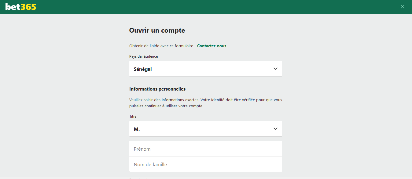 Image de la page du formulaire d’inscription de Bet365