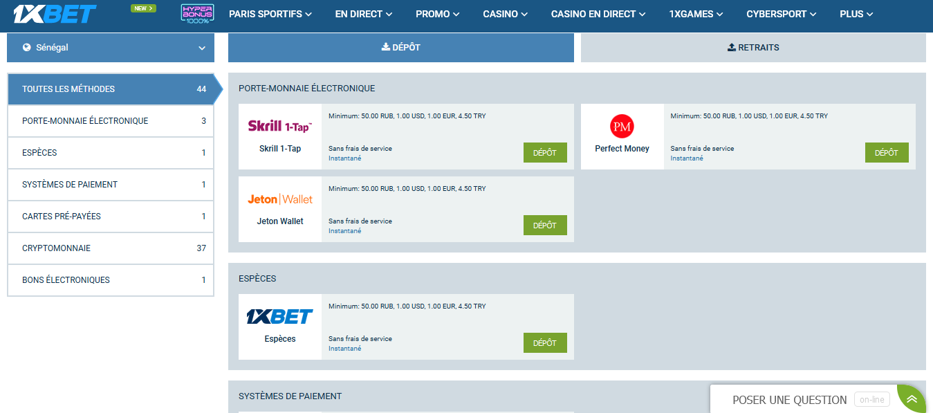 Image des dépôts 1xBet Sénégal